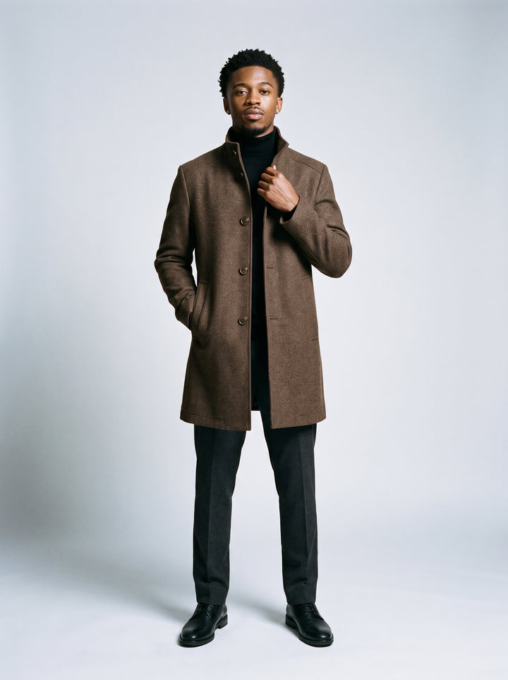 Dama Washington Hugo men's wool overcoat button up - on model