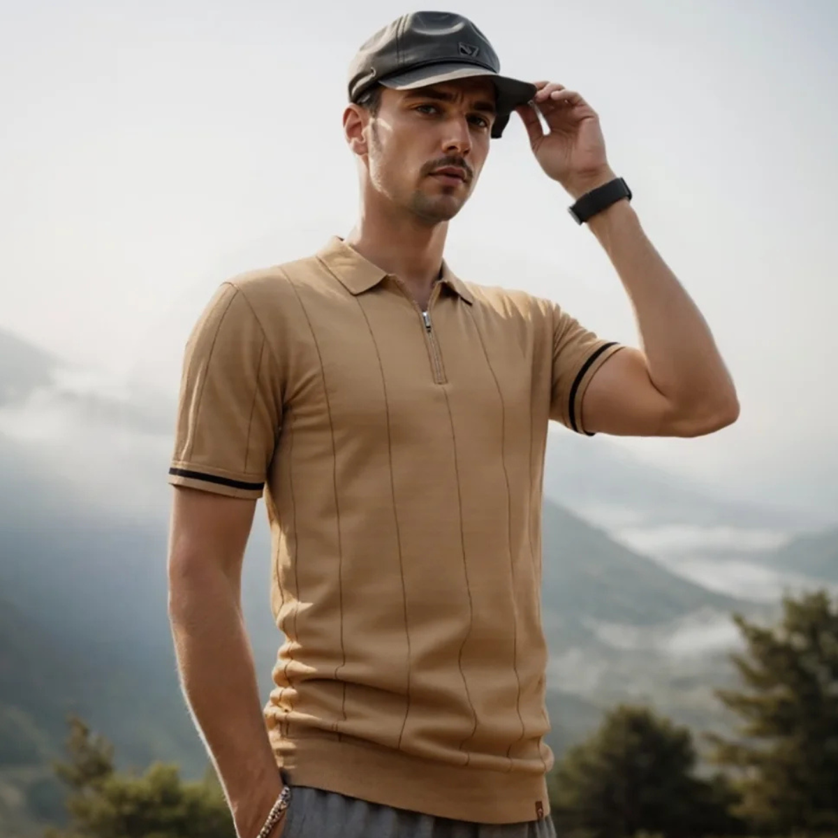 Beau | Men's Casual Half Zip Polo Shirt Camel