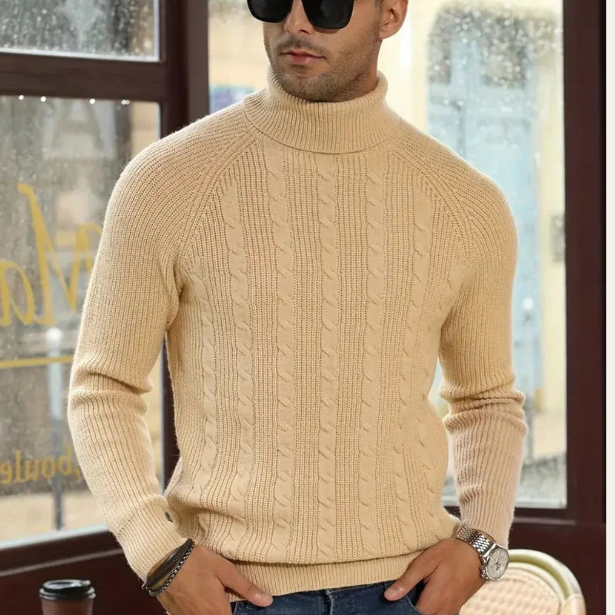 Bram | Men's Cable Knit Turtleneck Sweater Cream