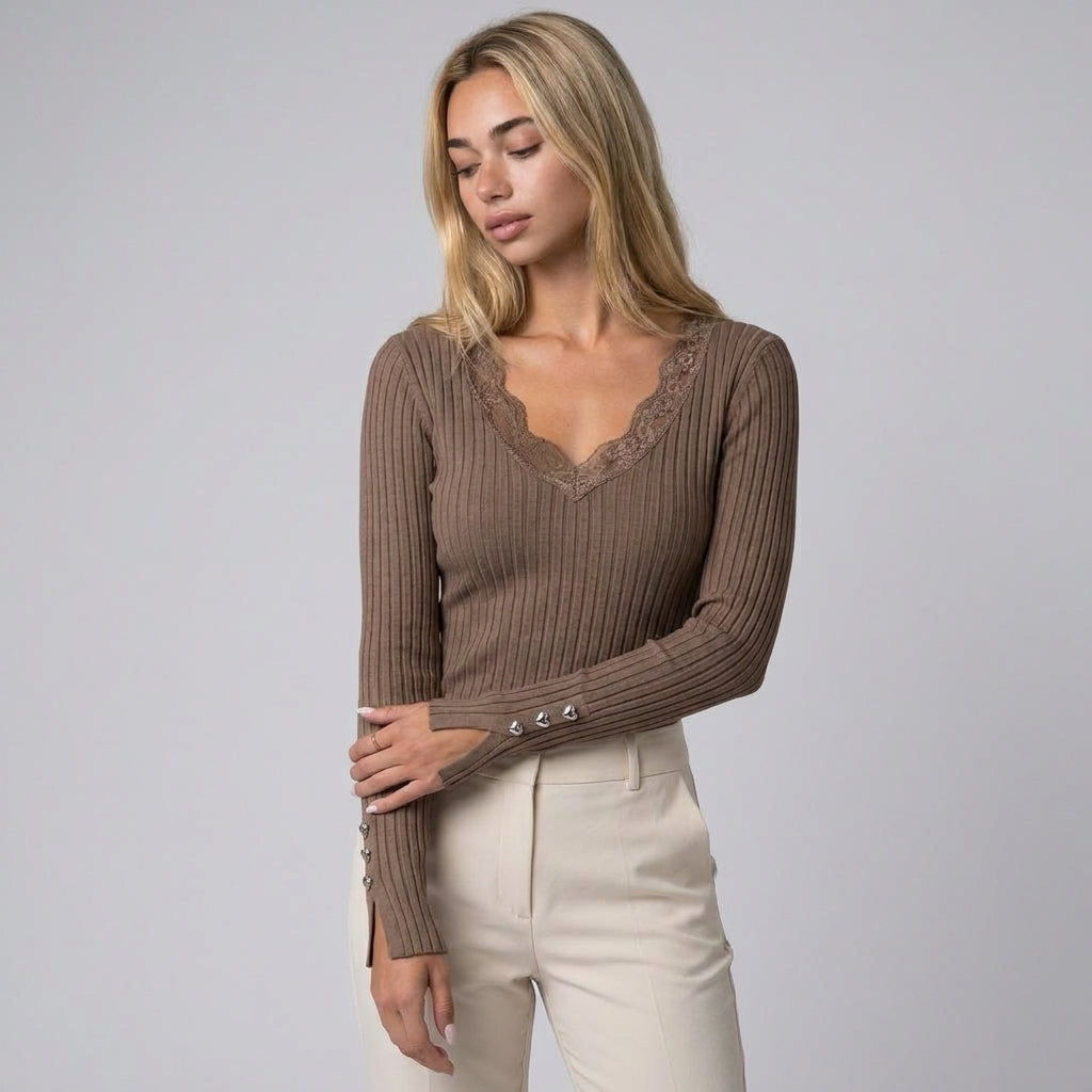 Dama Washington Vera women's ribbed long sleeve top Coffee lace v neck - model front view