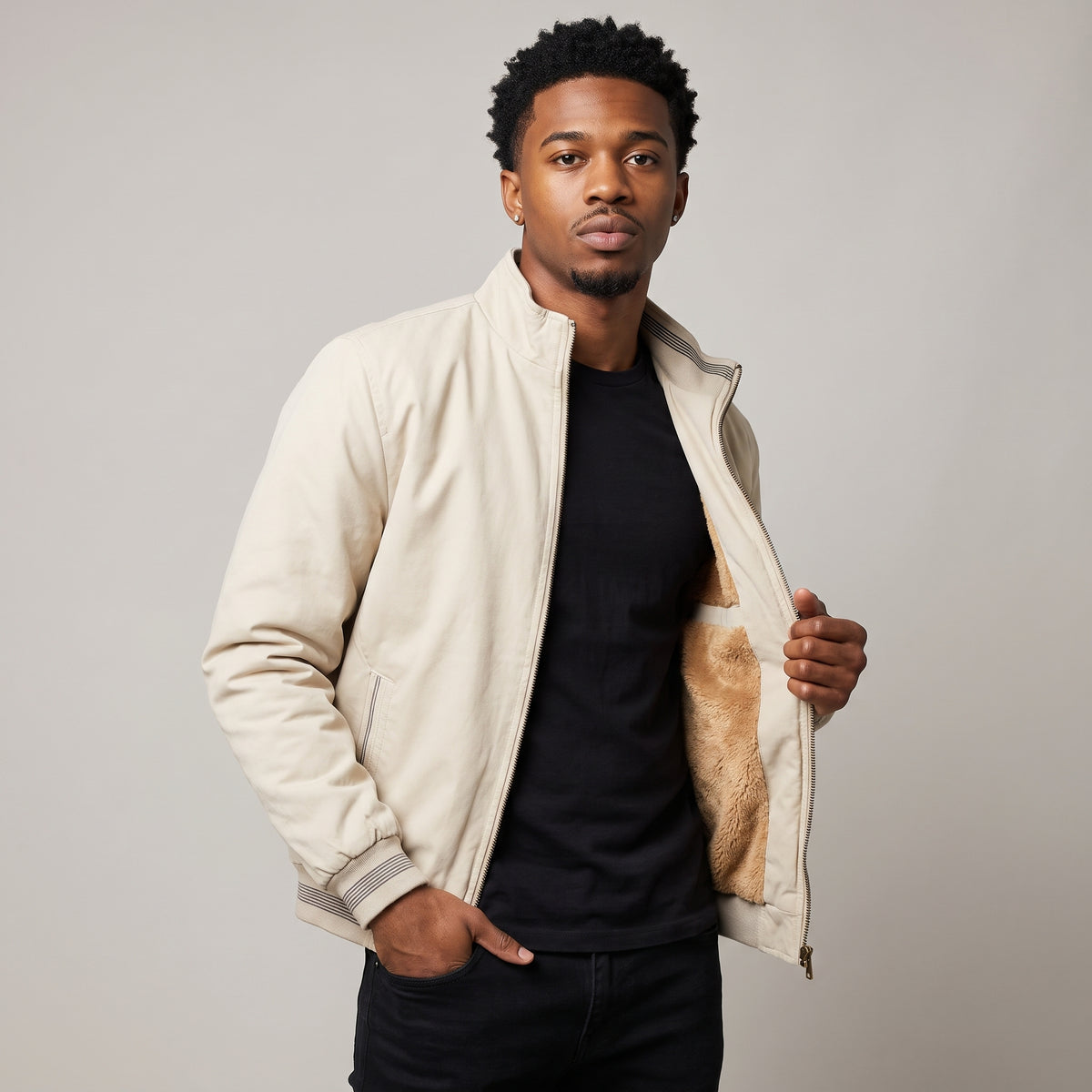 Dama Washington Hugo men's sherpa fleece lined bomber jacket cream - model front view