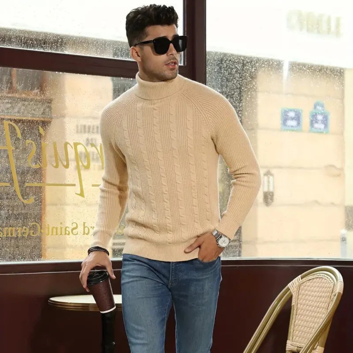 Bram | Men's Cable Knit Turtleneck Sweater Cream