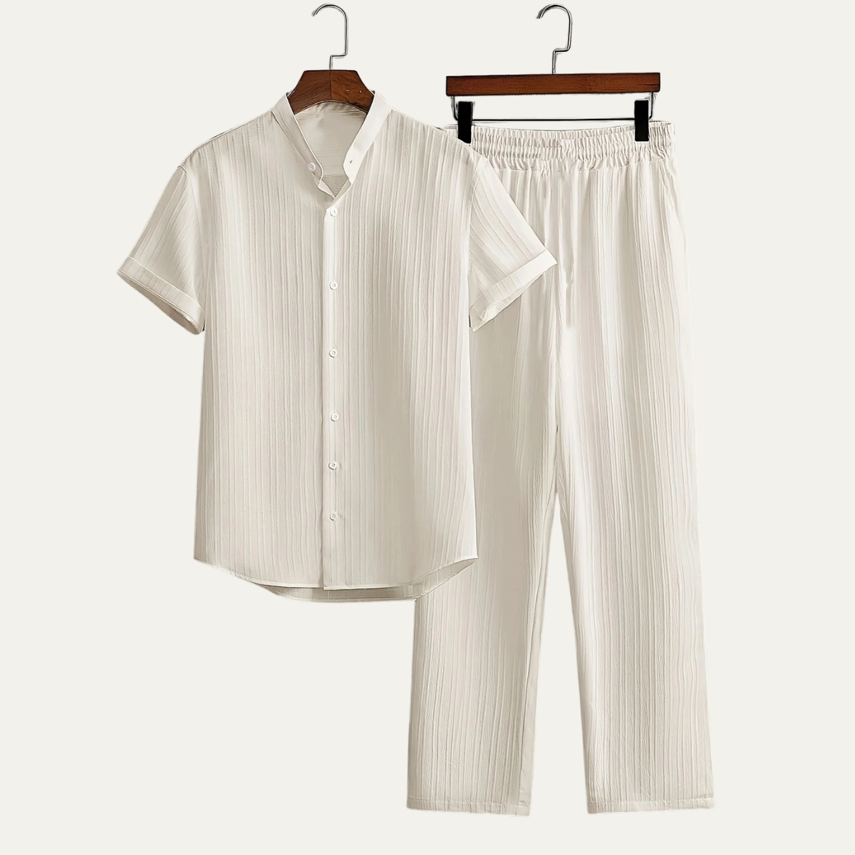 Dama Washington Axel men's lounge set cream ribbed short sleeve shirt pants - front view