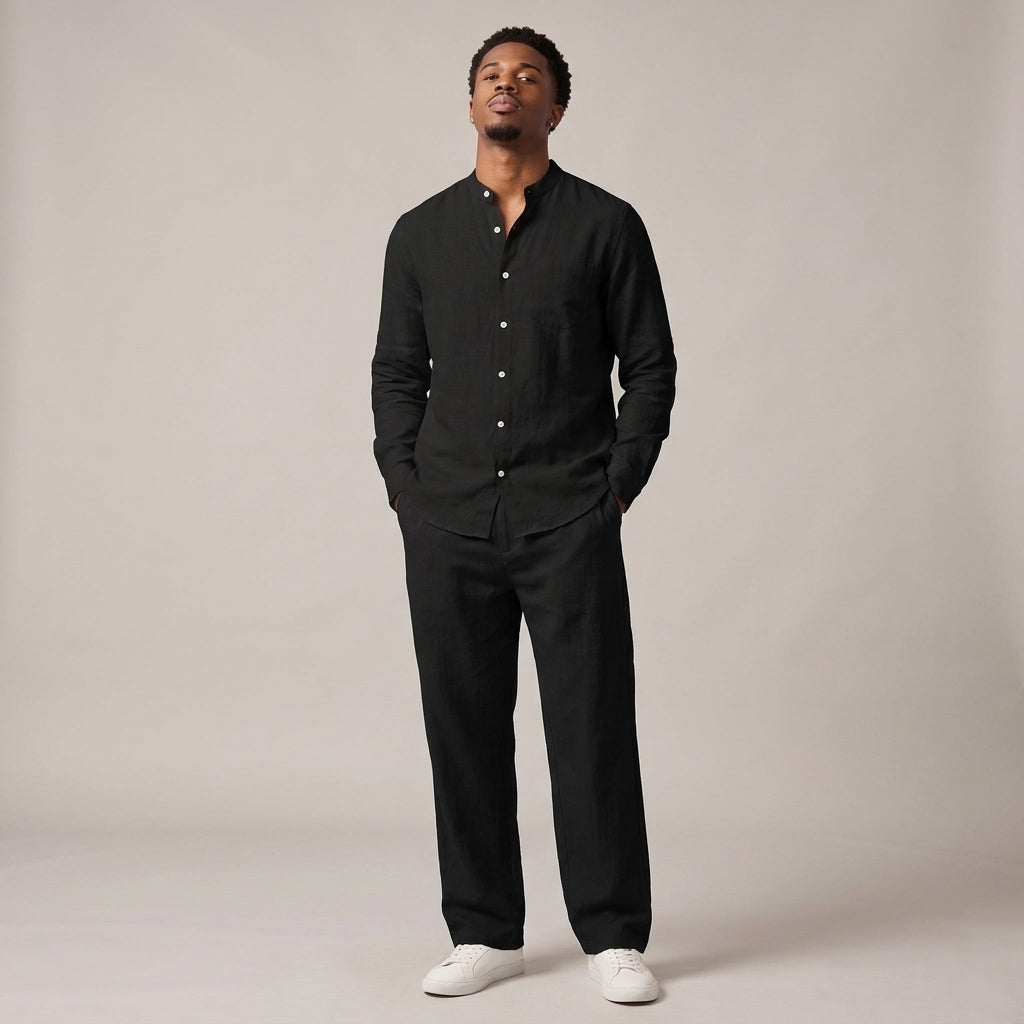 Dama Washington Sage linen lounge set Black - full outfit model view