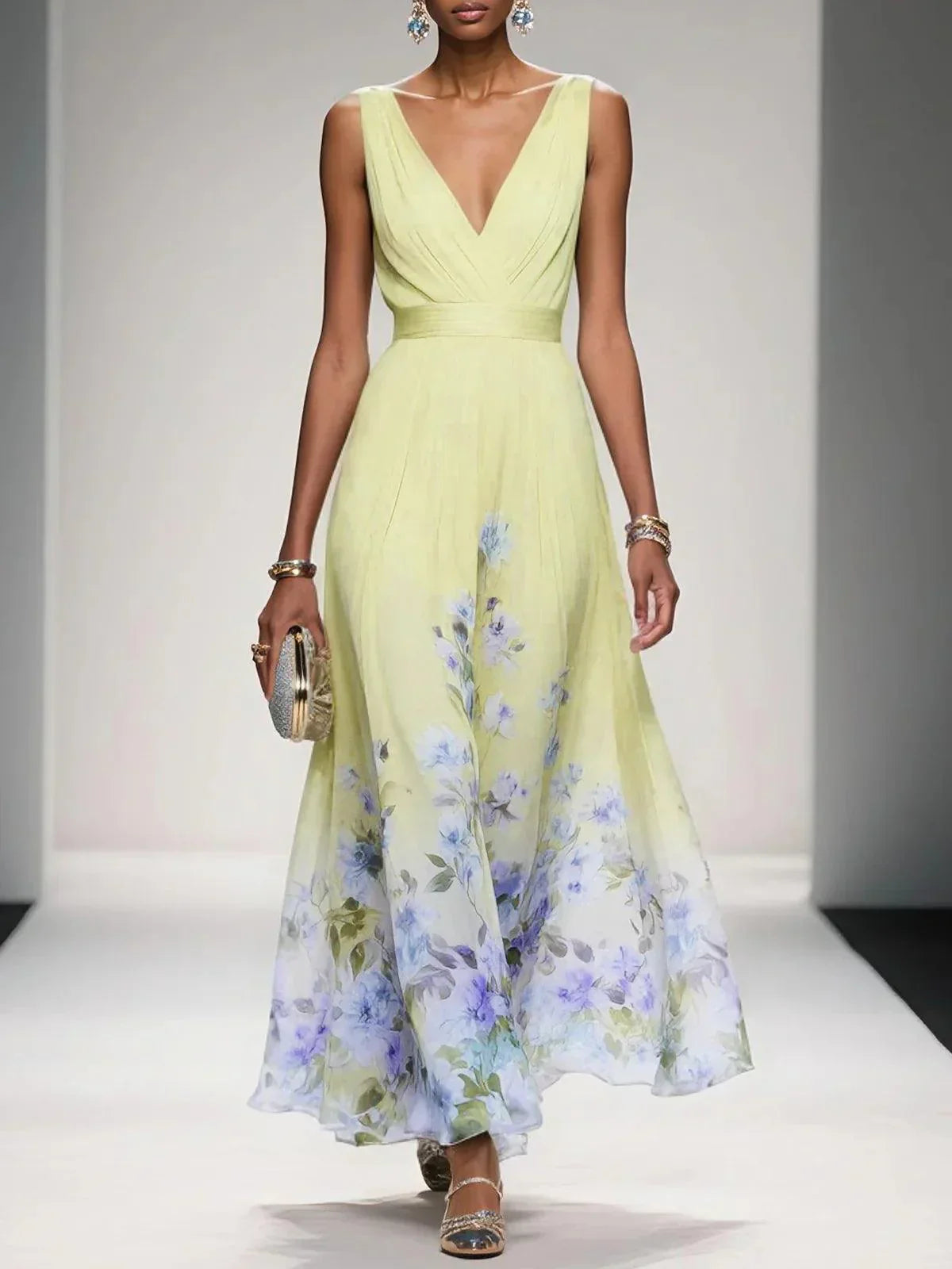 Thea | Women's Floral Chiffon Maxi Dress Light Blue V Neck