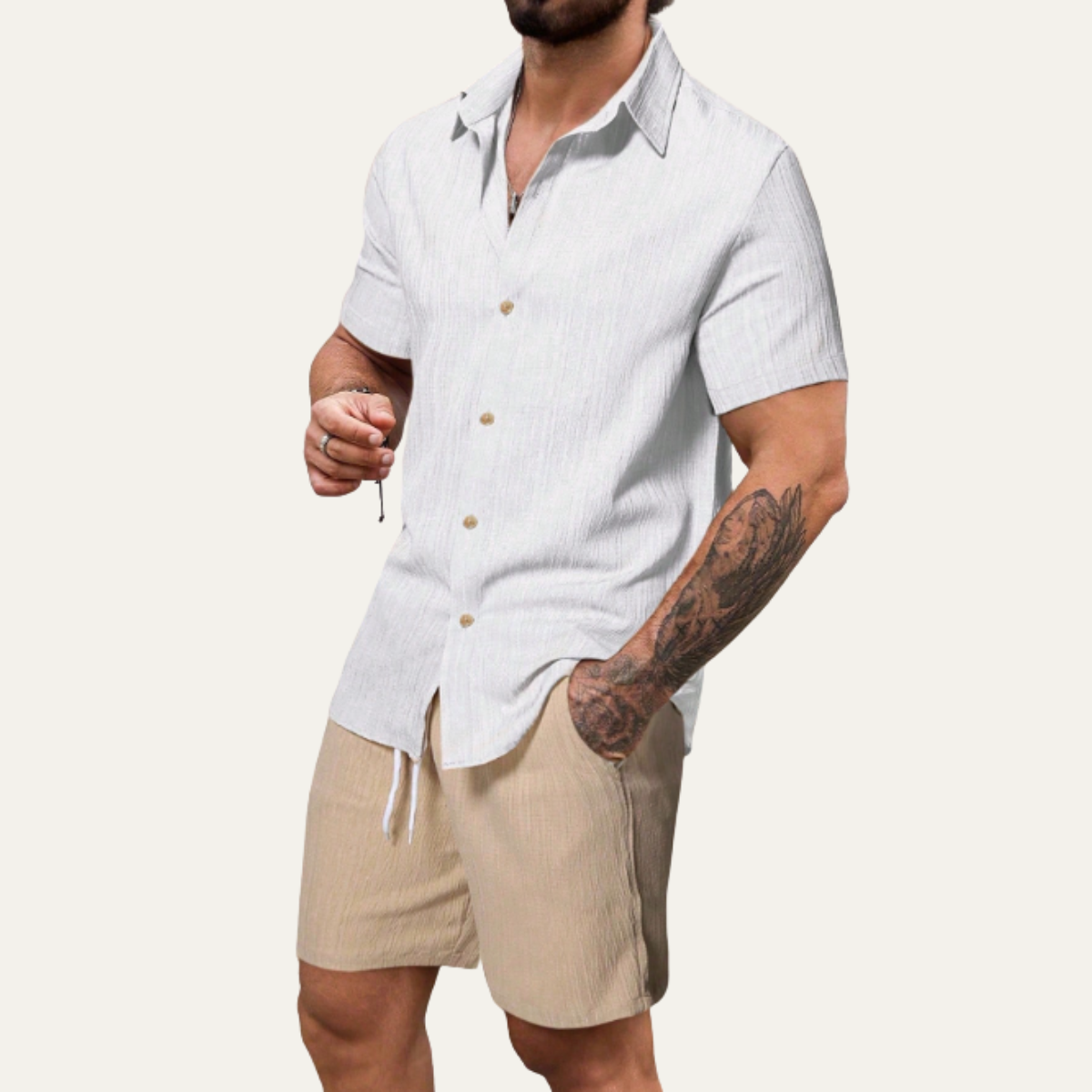 Sage | Men's Linen Shirt And Shorts Set Navy Beige