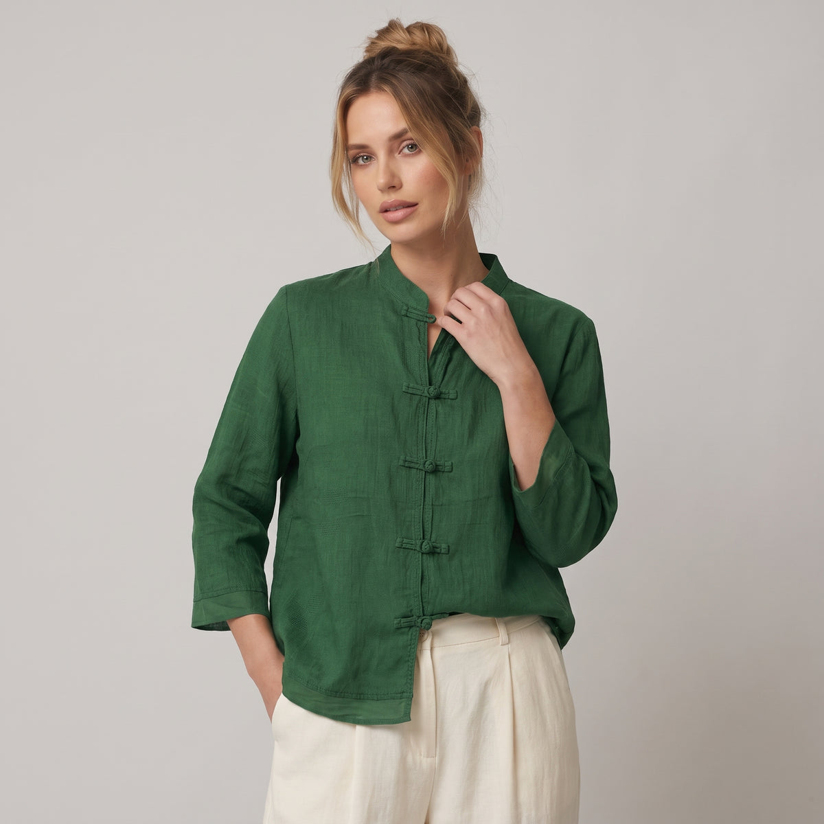 Dama Washington Camille women's linen shirt green mandarin collar button up - model front view