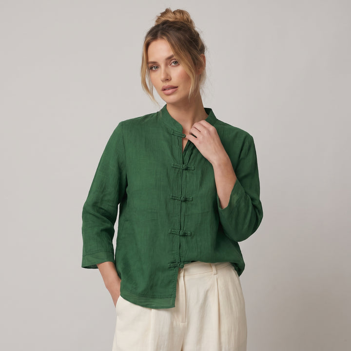 Dama Washington Camille women's linen shirt green mandarin collar button up - model front view