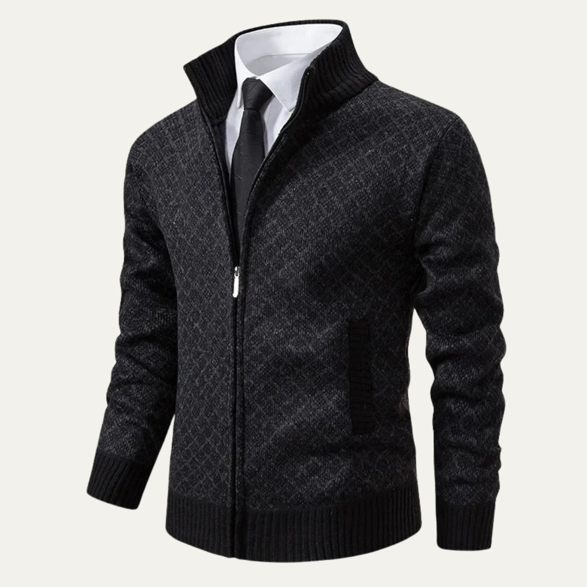 Blake | Men's Zip Up Cardigan Dark Gray Cable Knit Stand Collar