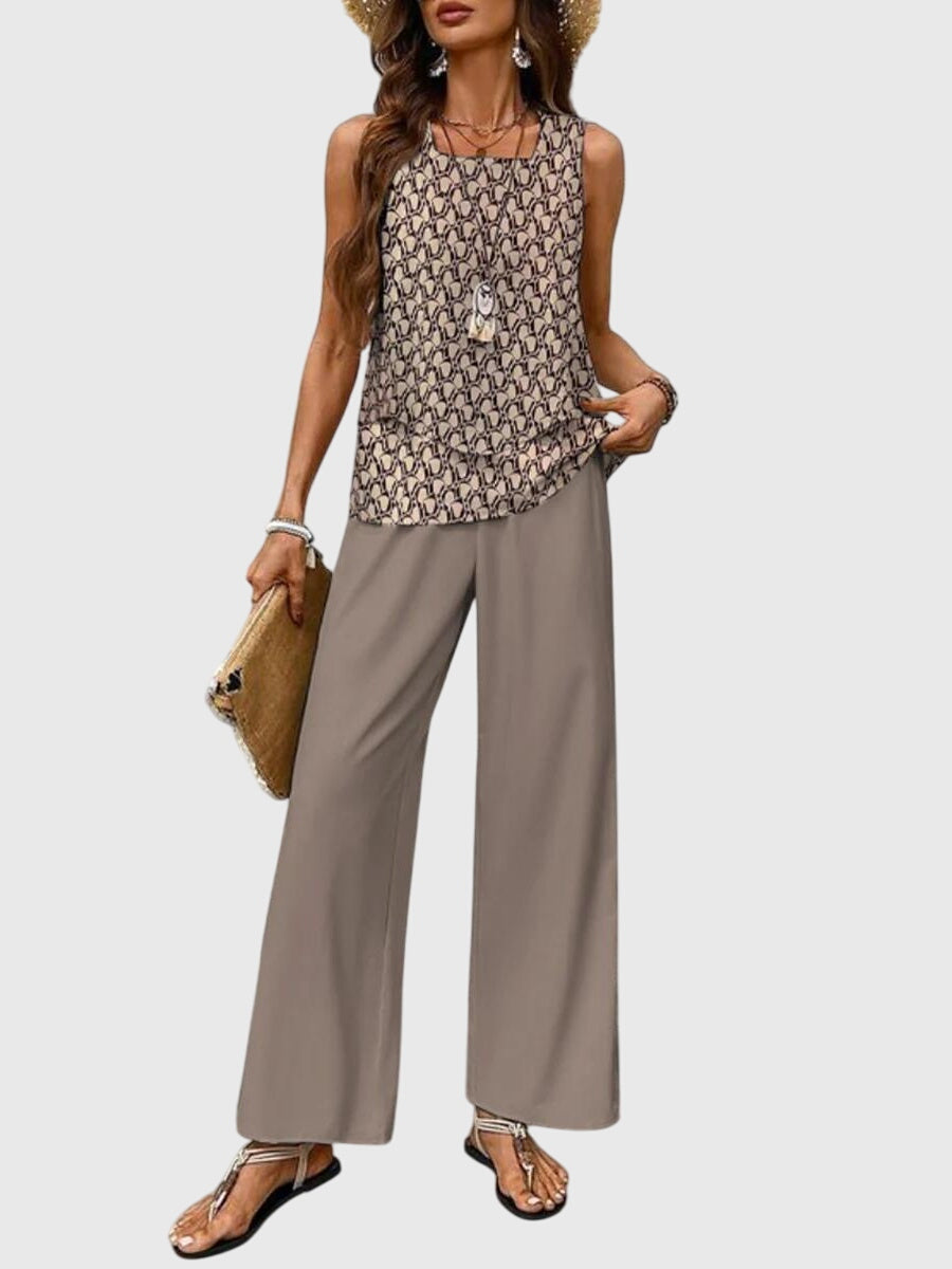 Mia | Women's Two Piece Set Light Blue Floral Palazzo Pants Tank Top