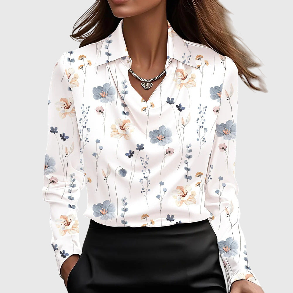 Cora | Women's Satin Blouse Cream Cowl Neck Long Sleeve