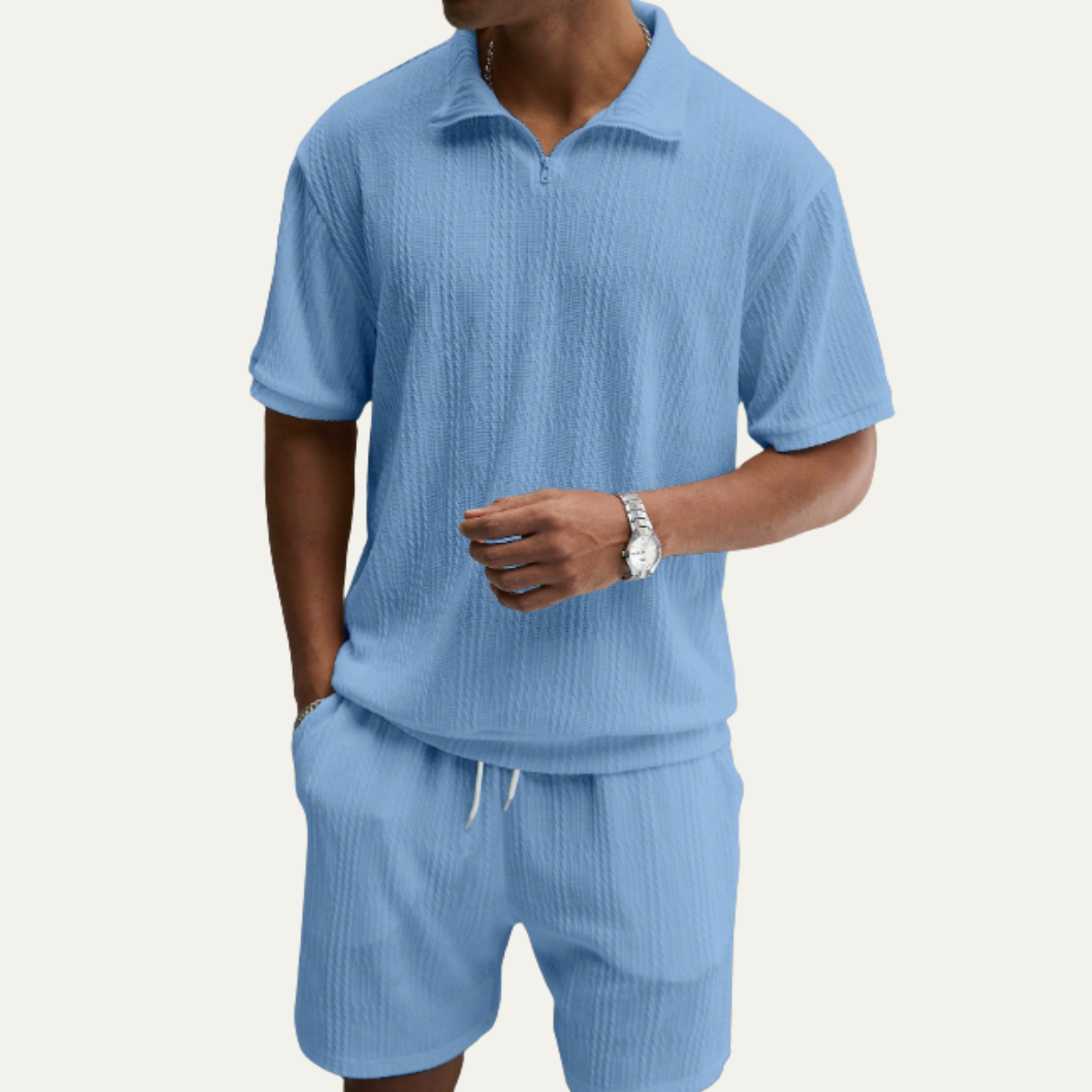 Beau | Men's Sweatsuit Cream Ribbed Knit Polo Shorts Set