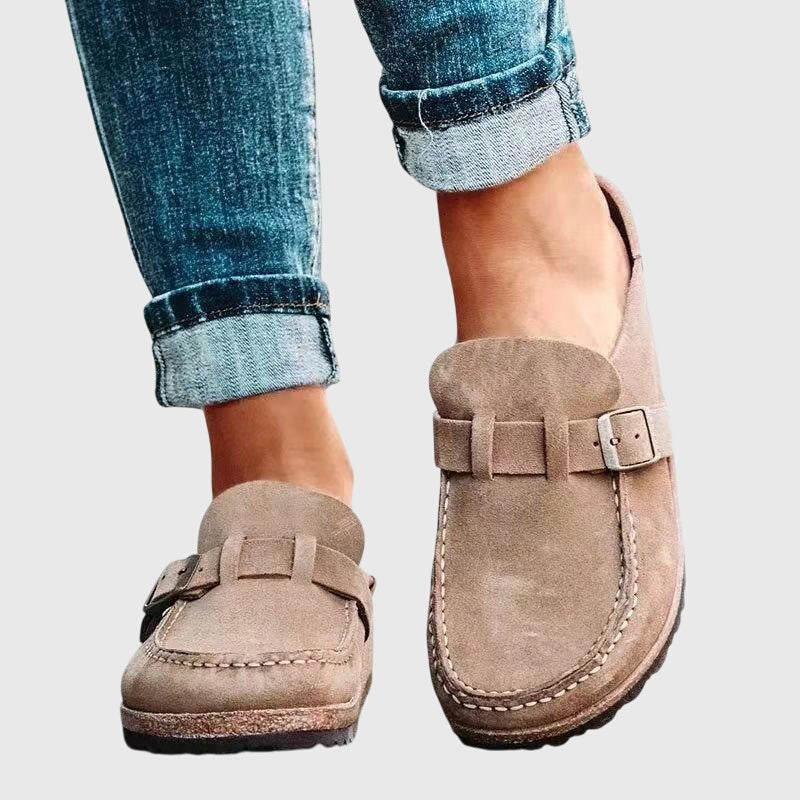 Dama Washington Maeve women's suede loafer clog mule beige buckle detail - front view