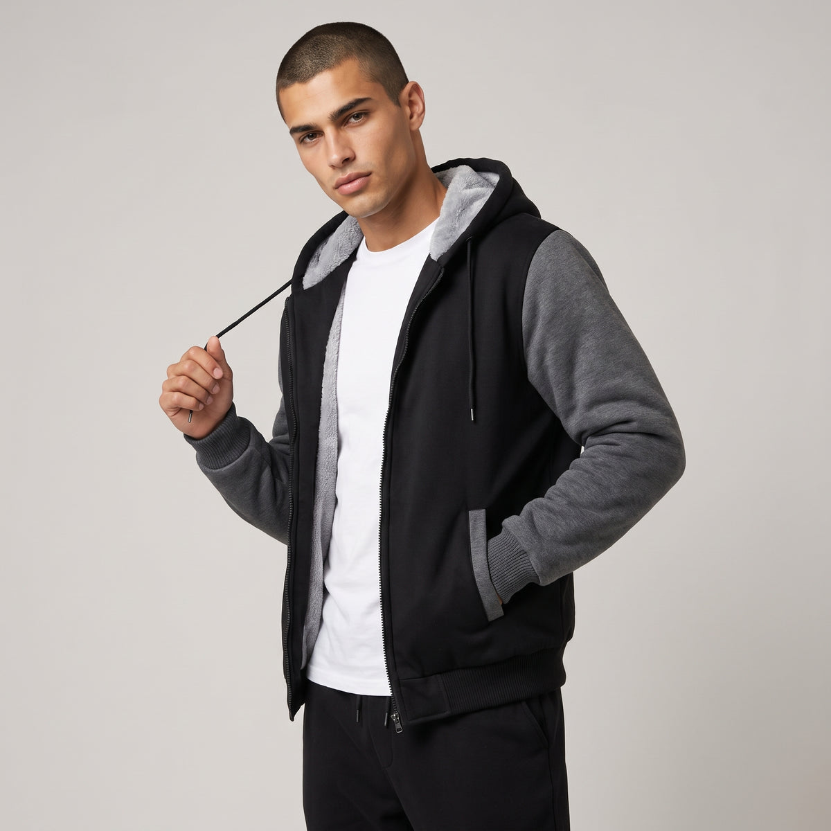 Dama Washington Bash men's fleece lined zip up hoodie black gray - model front view