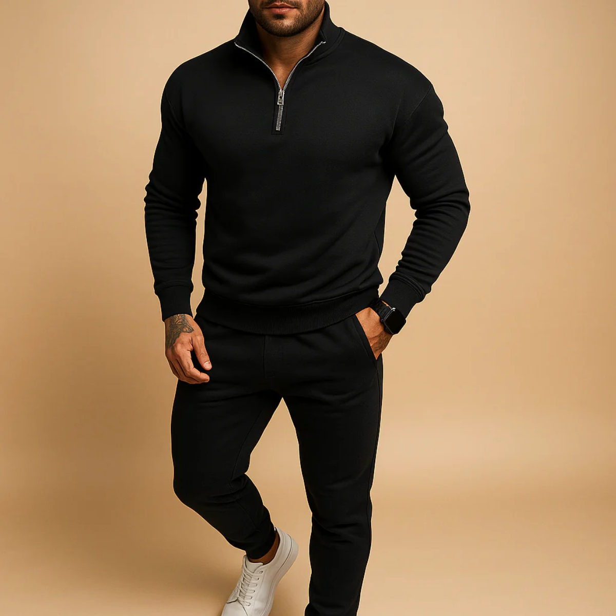 Lars | Men's Sweatsuit Beige Quarter Zip Hoodie Joggers Set