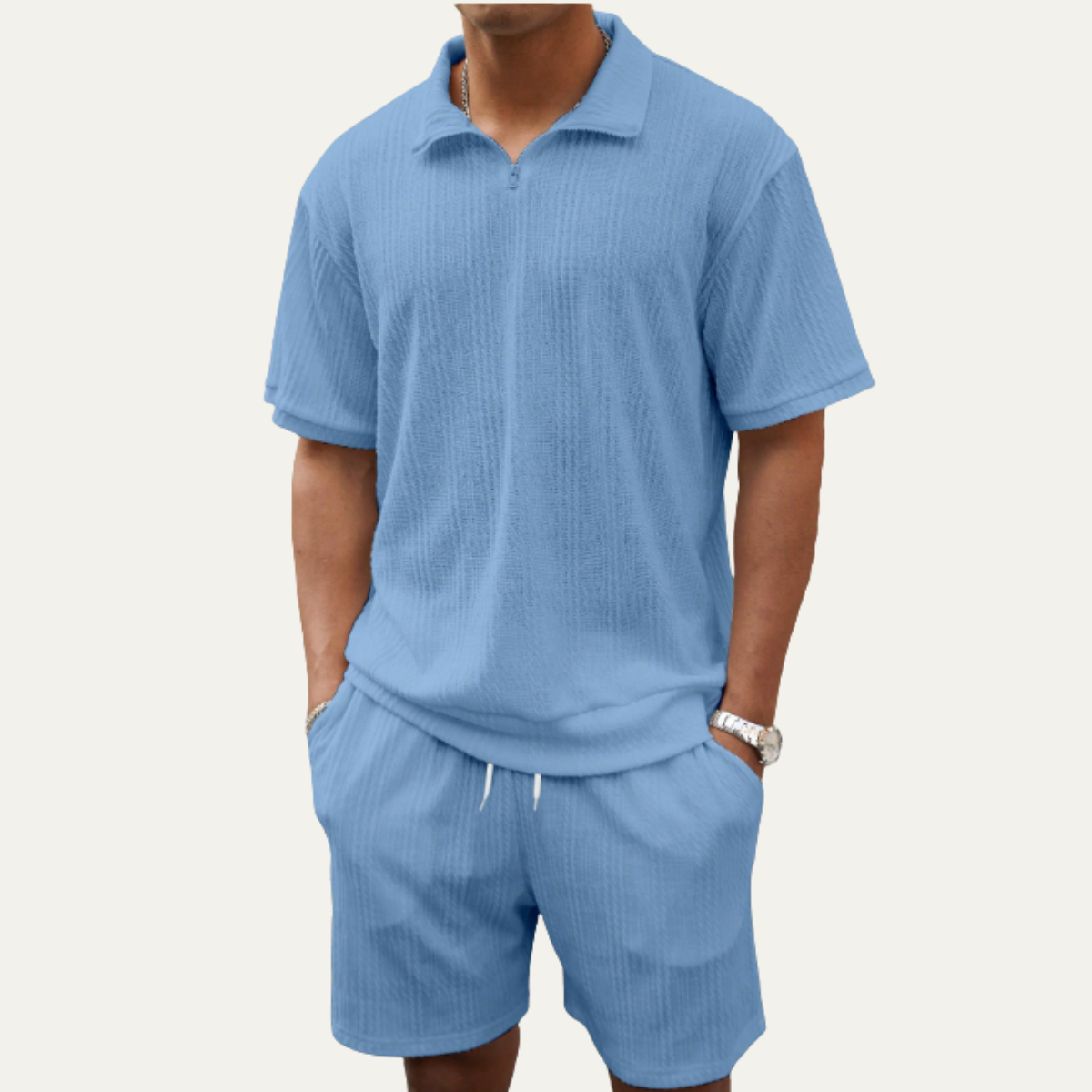Beau | Men's Sweatsuit Cream Ribbed Knit Polo Shorts Set