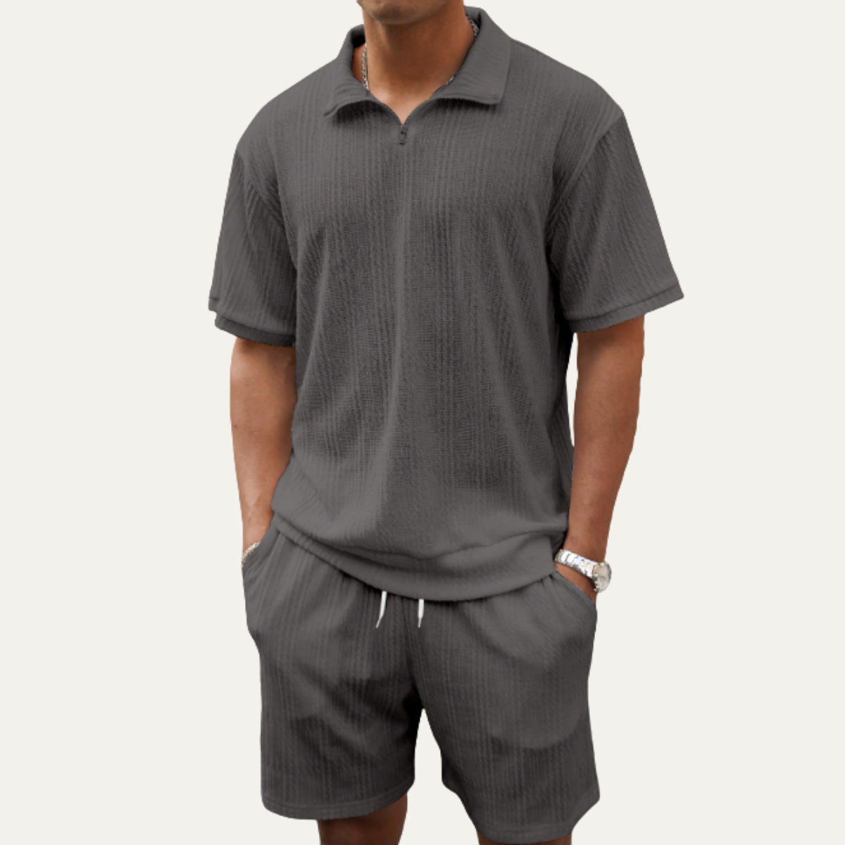 Beau | Men's Sweatsuit Cream Ribbed Knit Polo Shorts Set