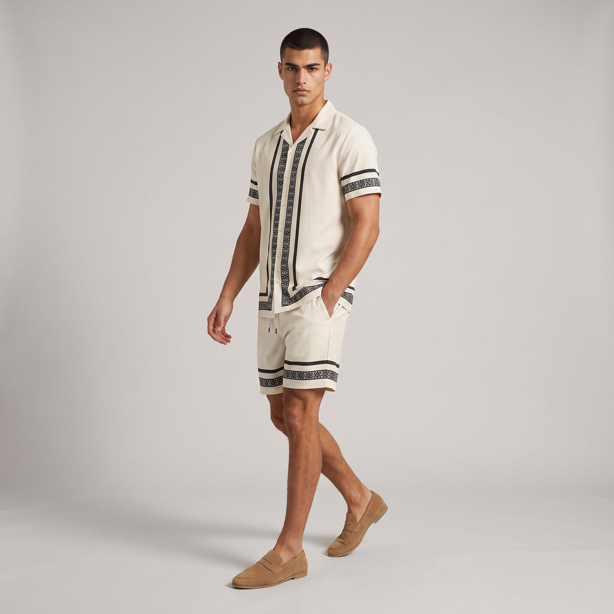 Dama Washington Axel men's matching set cream geometric pattern short sleeve - full outfit model view