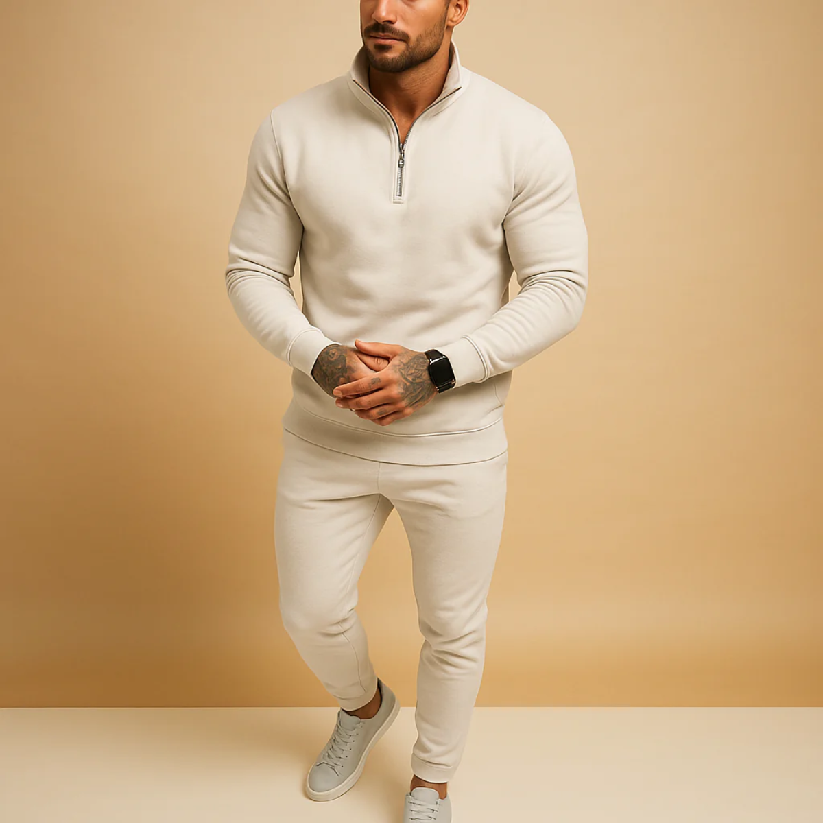 Lars | Men's Sweatsuit Beige Quarter Zip Hoodie Joggers Set