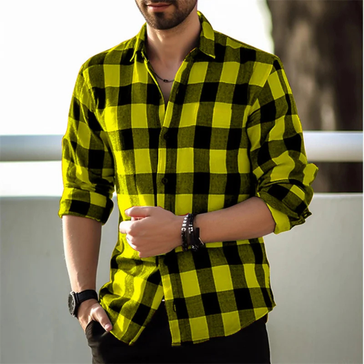 Callum | Men's Casual Check Button Up Shirt Yellow Black