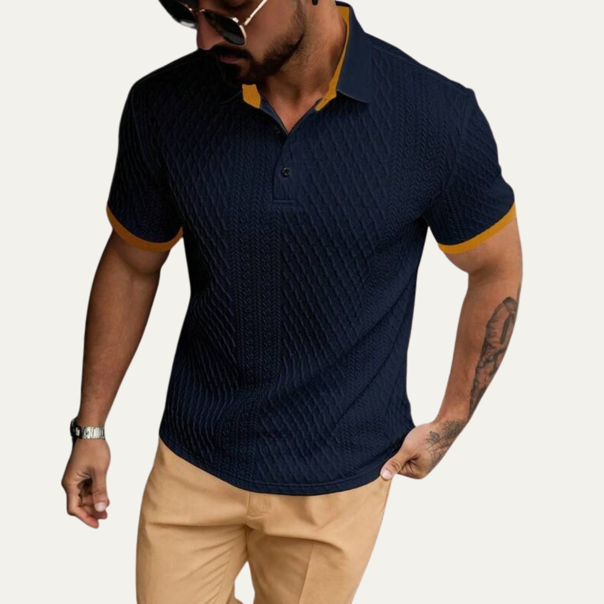 Beau | Men's Textured Polo Shirt Brown Contrast Trim
