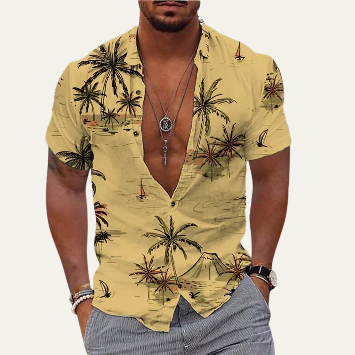 Kai | Men's Hawaiian Shirt White Palm Print Short Sleeve