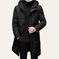 Dama Washington Knox men's longline puffer coat black hood - front view