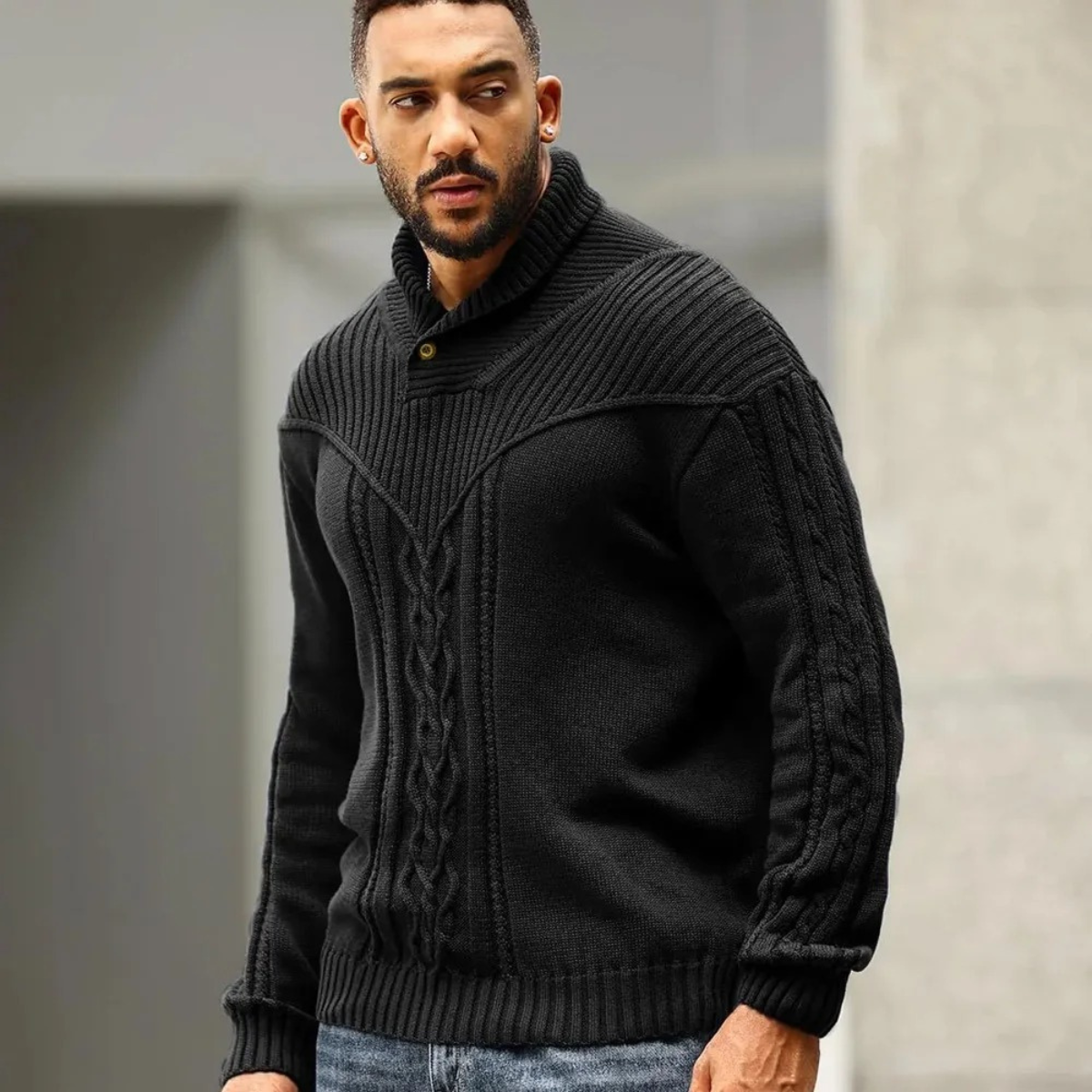 Soren | Men's Cable Knit Turtleneck Sweater Charcoal Button Neck