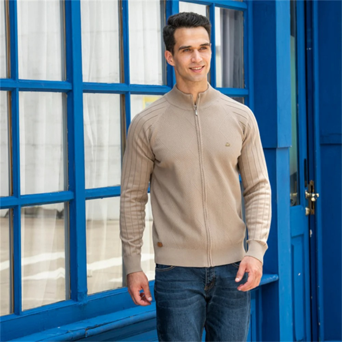 Ash | Men's Casual Zip Up Cardigan Cream Textured