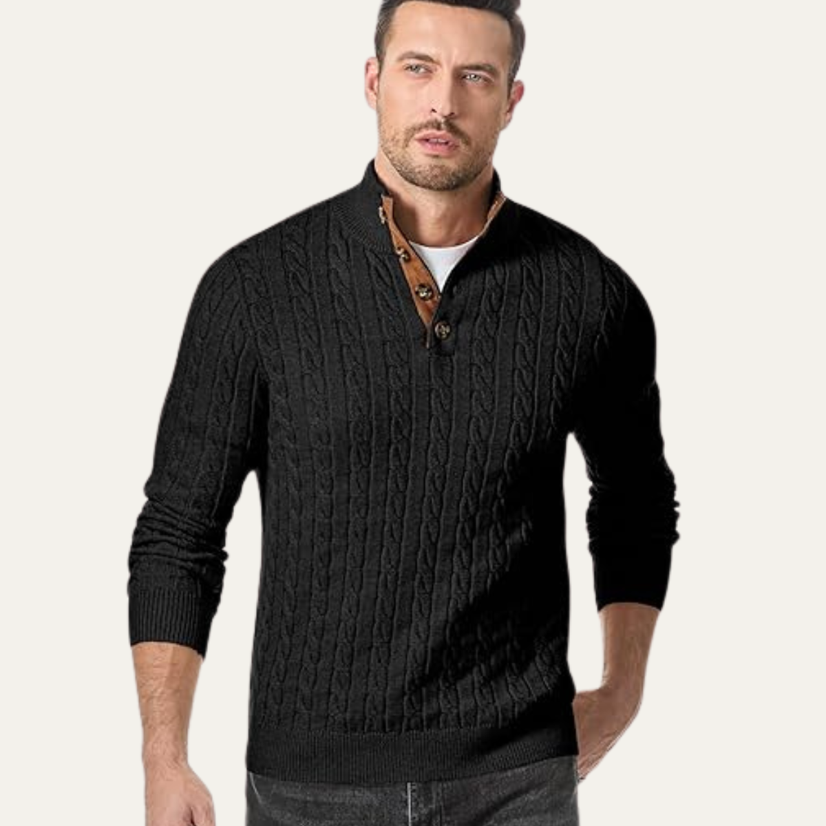 Bram | Men's Cable Knit Sweater Black Elbow Patch Quarter Zip