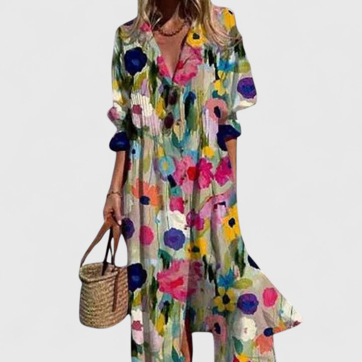 Camille | Women's Floral Midi Dress Long Sleeve White