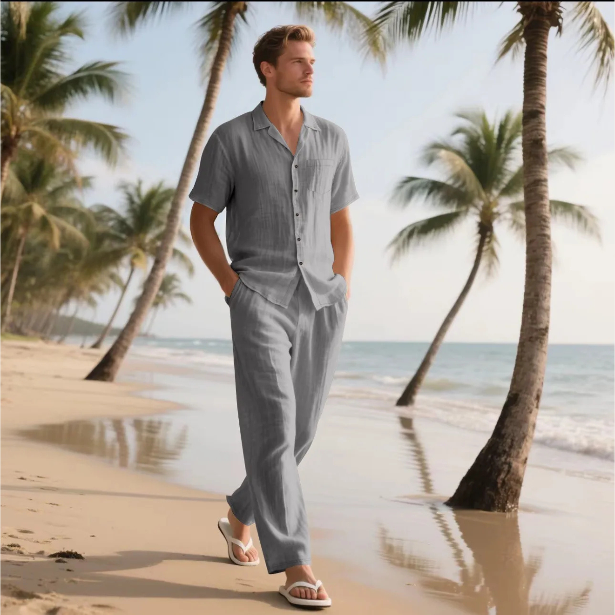 Rowan | Men's Casual Linen Shirt And Pants Set Gray