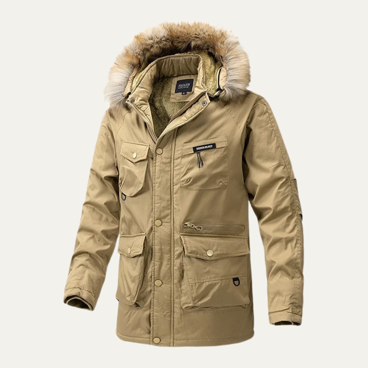 Rowan | Men's Puffer Coat Tan Faux Fur Hood Multiple Pocket