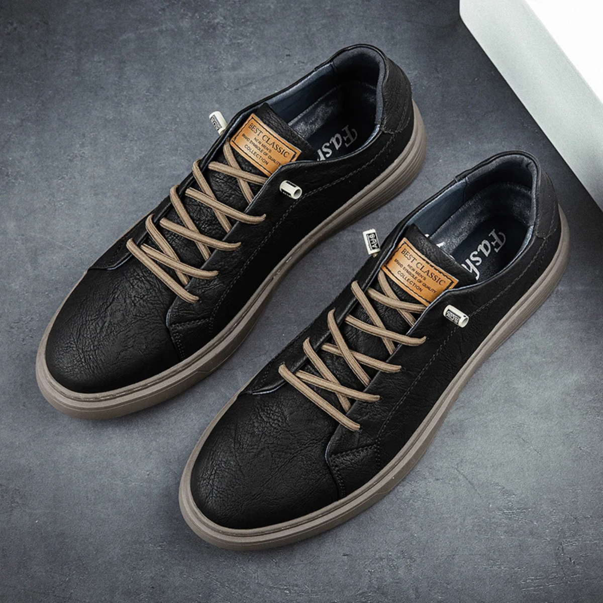 Kai | Men's Casual Leather Sneaker Black Cream Sole