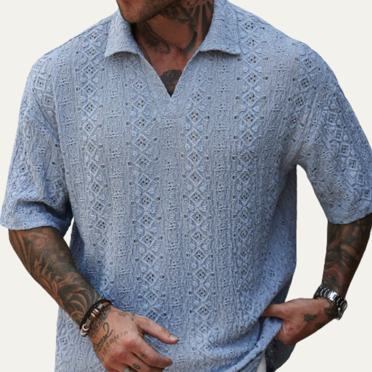 Beau | Men's Boho Linen Shirt Light Blue Geometric Pattern