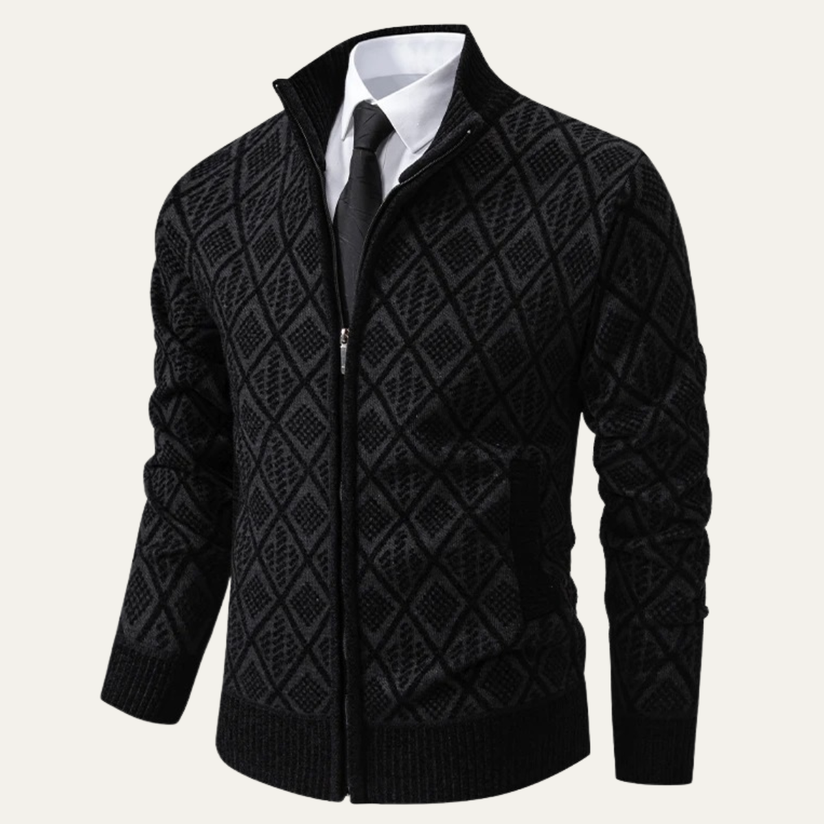 Sage | Men's Argyle Zip Up Cardigan Cream Diamond Knit