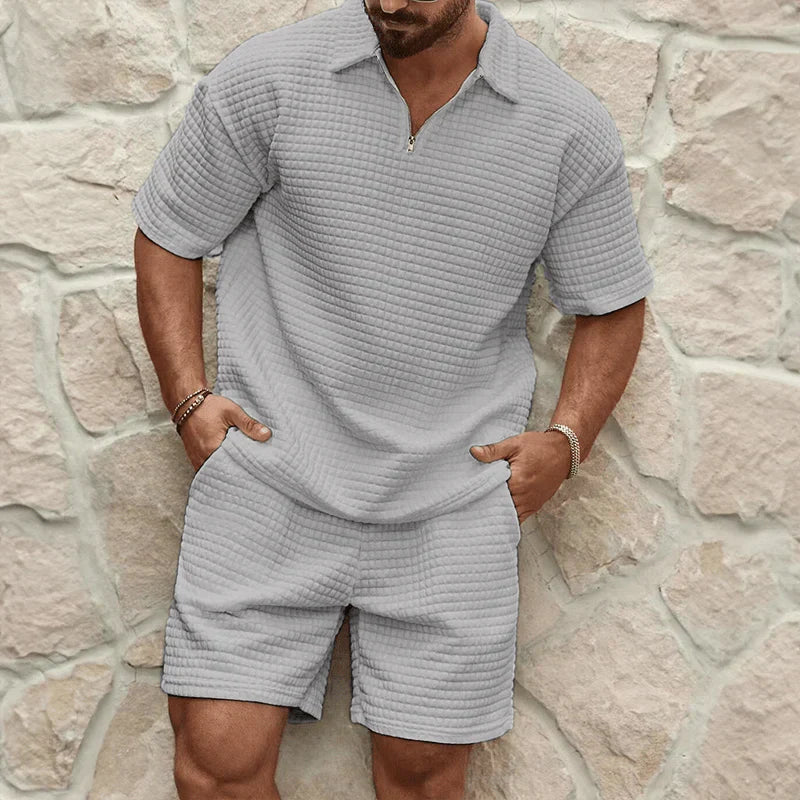 Marco | Men's Casual Waffle Knit Sweatsuit Cream Short Sleeve