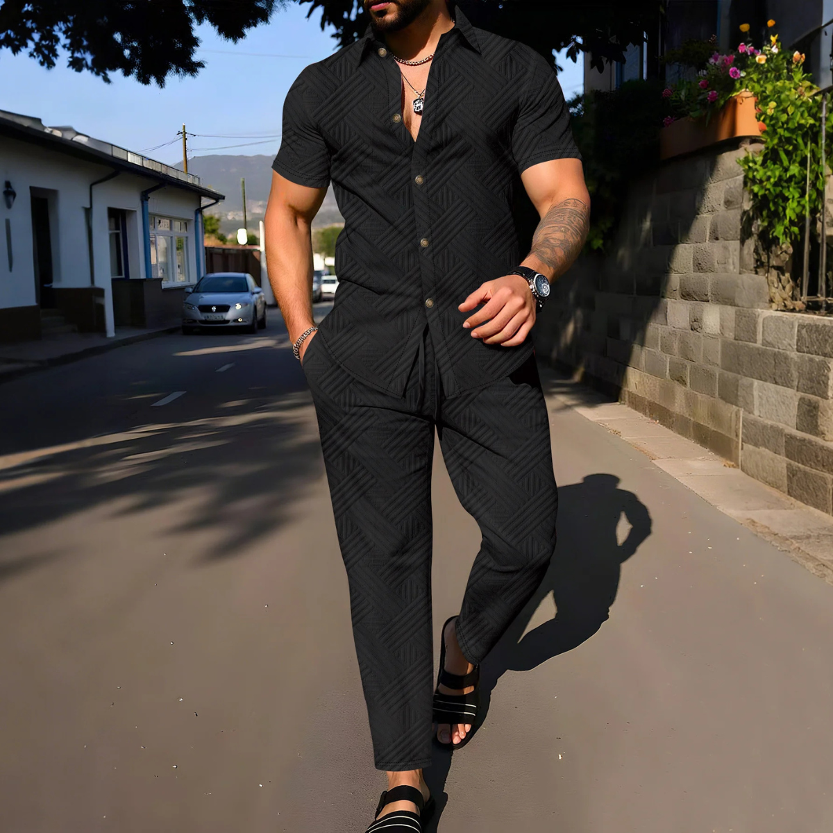 Sage | Men's Casual White Textured Short Sleeve Button Up Lounge Set