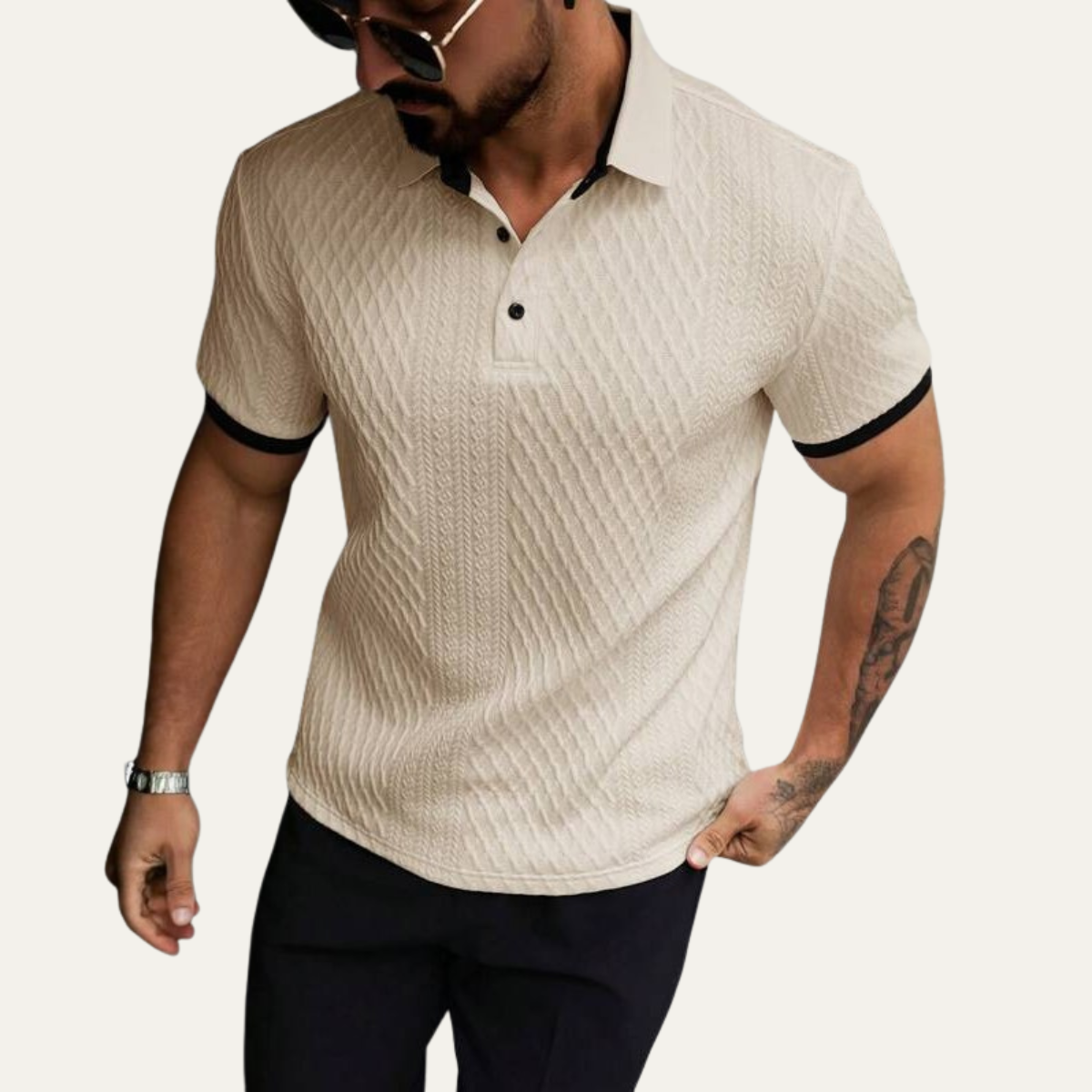 Cole | Men's Textured Polo Shirt Light Blue Contrast Trim