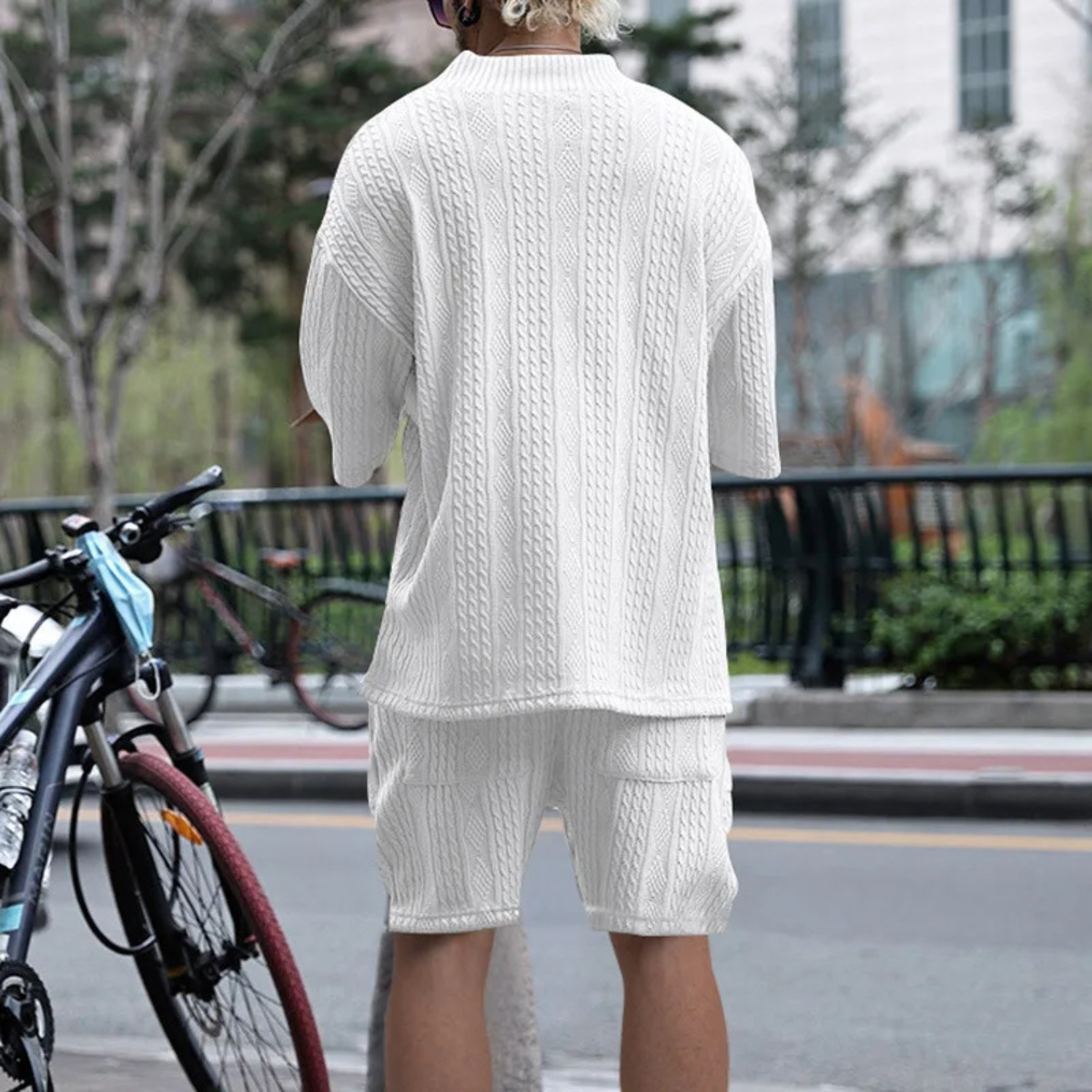 Callum | Men's Sweatsuit Cream Cable Knit V Neck Shorts Set