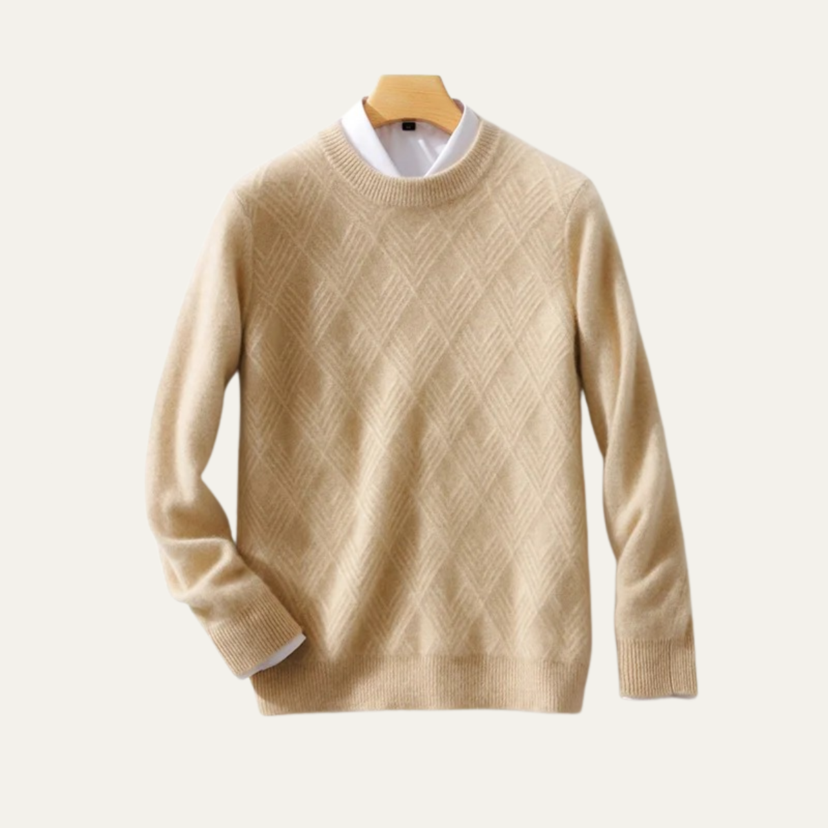 Dama Washington Ezra men's cream diamond knit crew neck sweater - front view