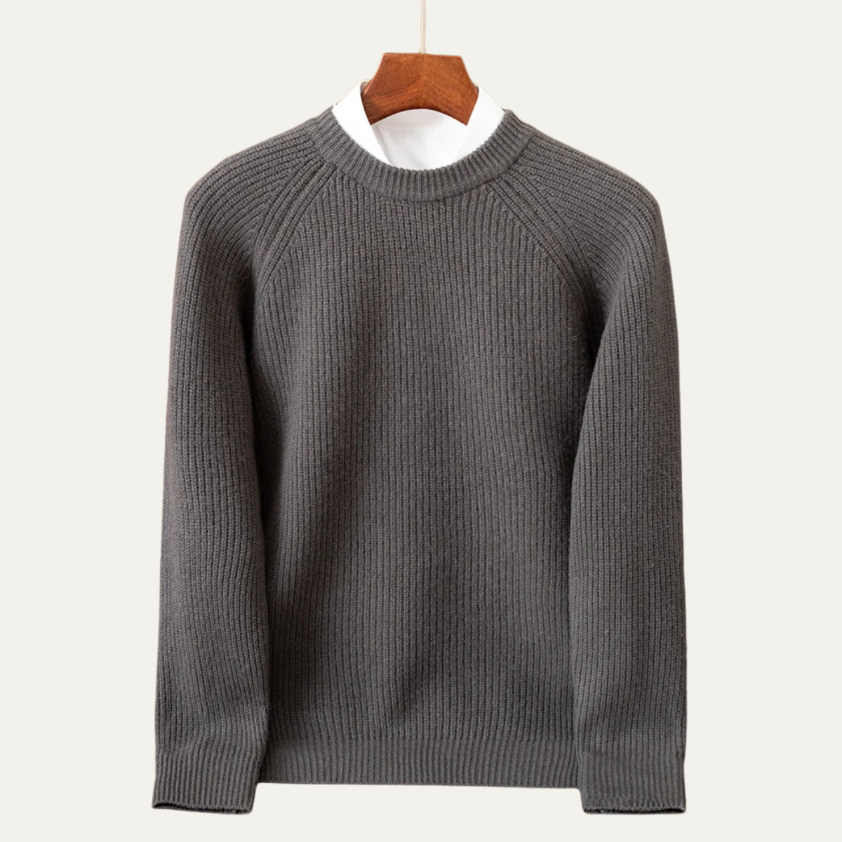 Sage | Men's Crew Neck Sweater Cream Ribbed Knit