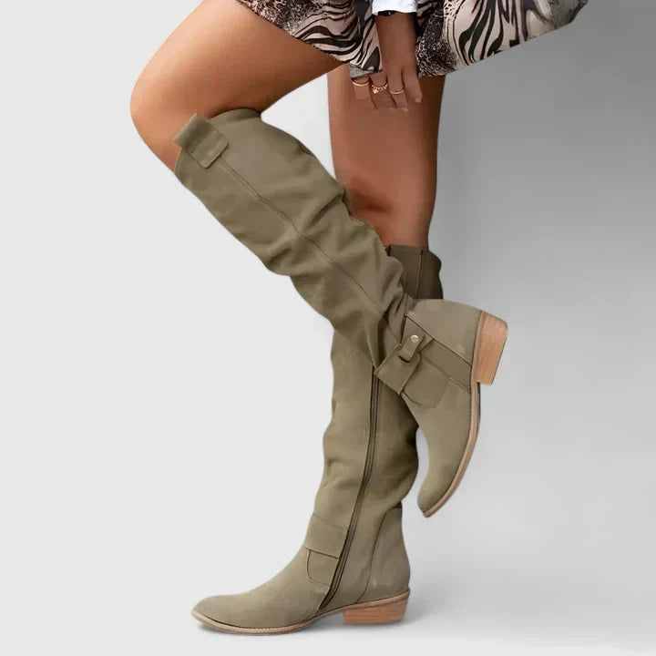 Maren | Women's Suede Knee High Boots Cream Buckle Detail