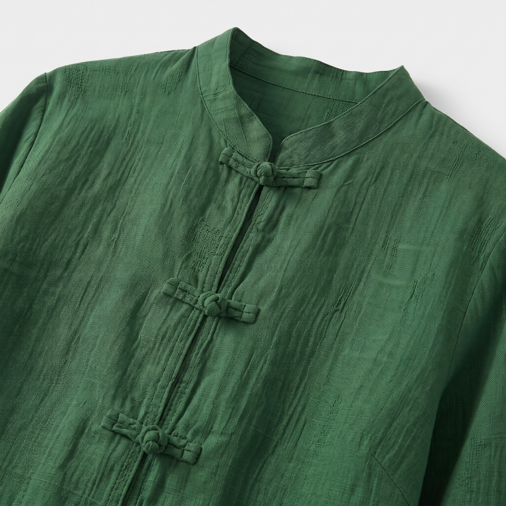 Camille | Women's Linen Shirt Green Mandarin Collar Button Up