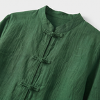 Camille | Women's Linen Shirt Green Mandarin Collar Button Up