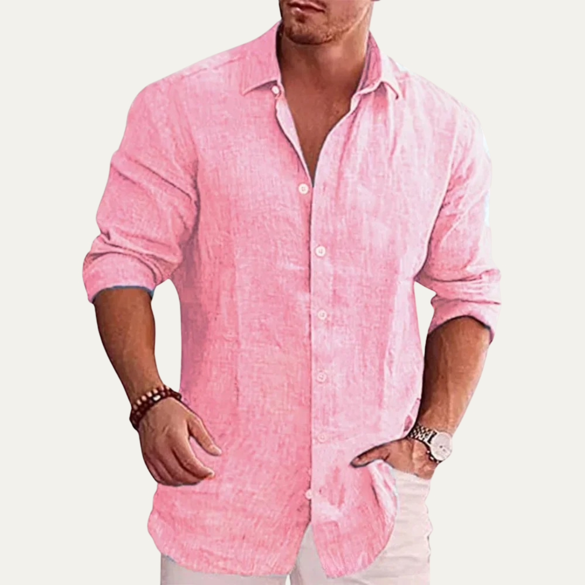 Ezra | Men's Linen Shirt Cream Button Up Long Sleeve