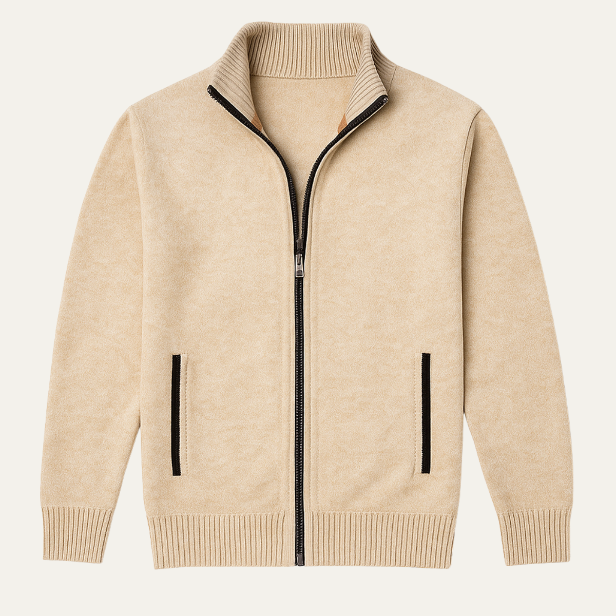 Beau | Men's Wool Blend Zip Cardigan Cream Stand Collar