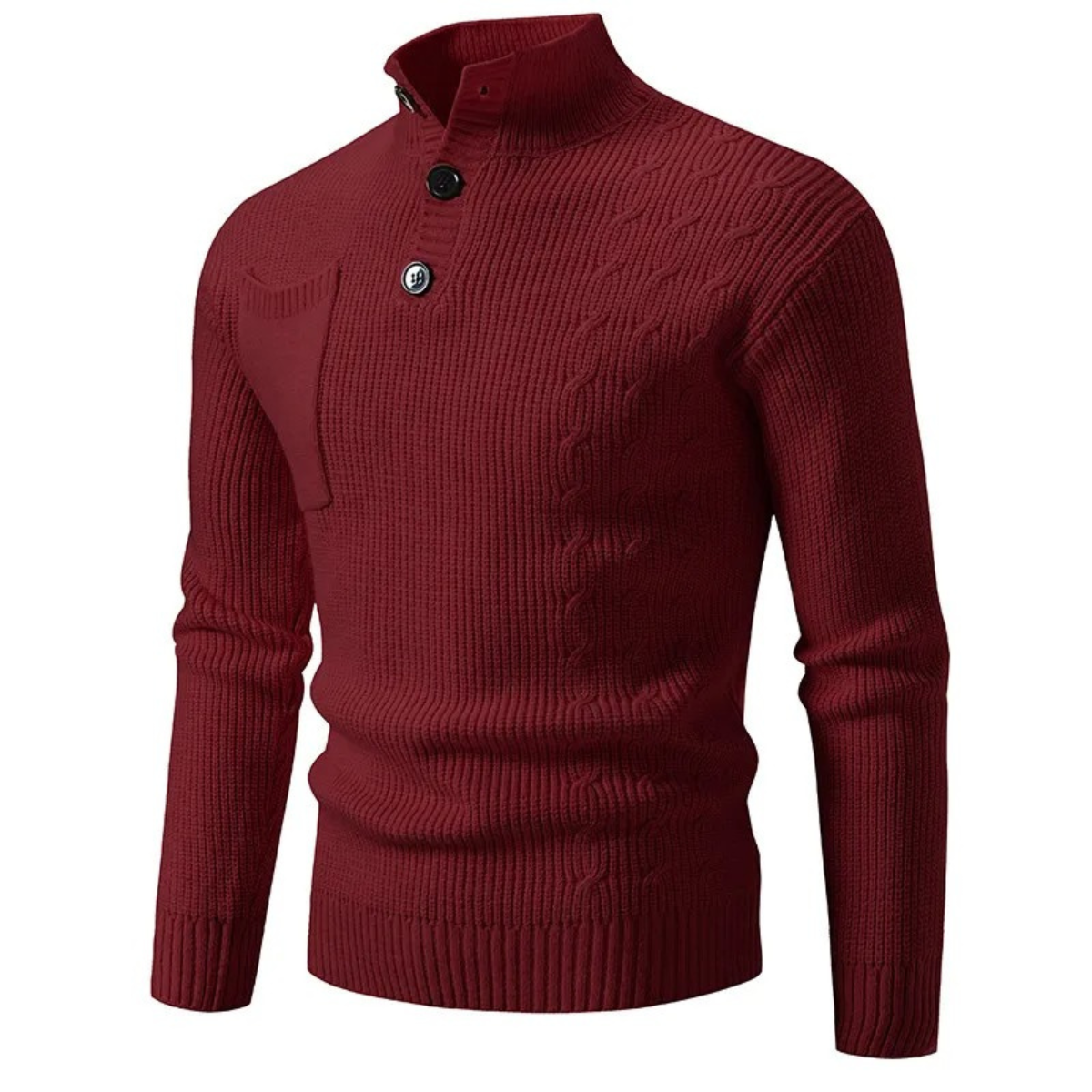 Axel | Men's Cable Knit Sweater Cream Mock Neck Button Detail
