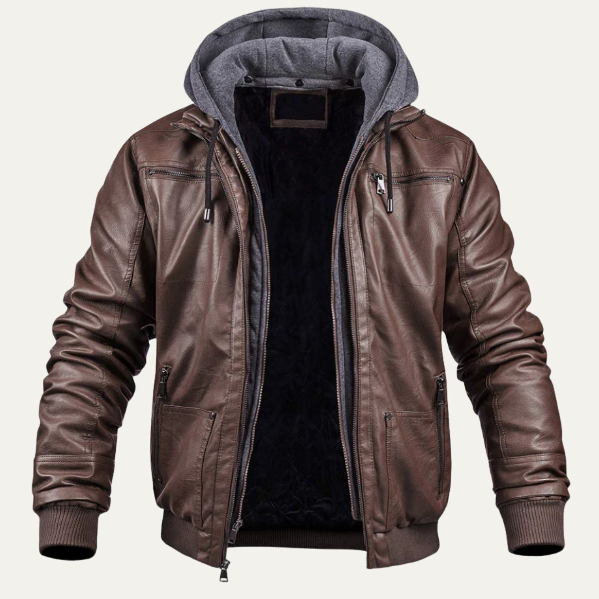 Voss | Men's Leather Jacket Black Hooded Bomber