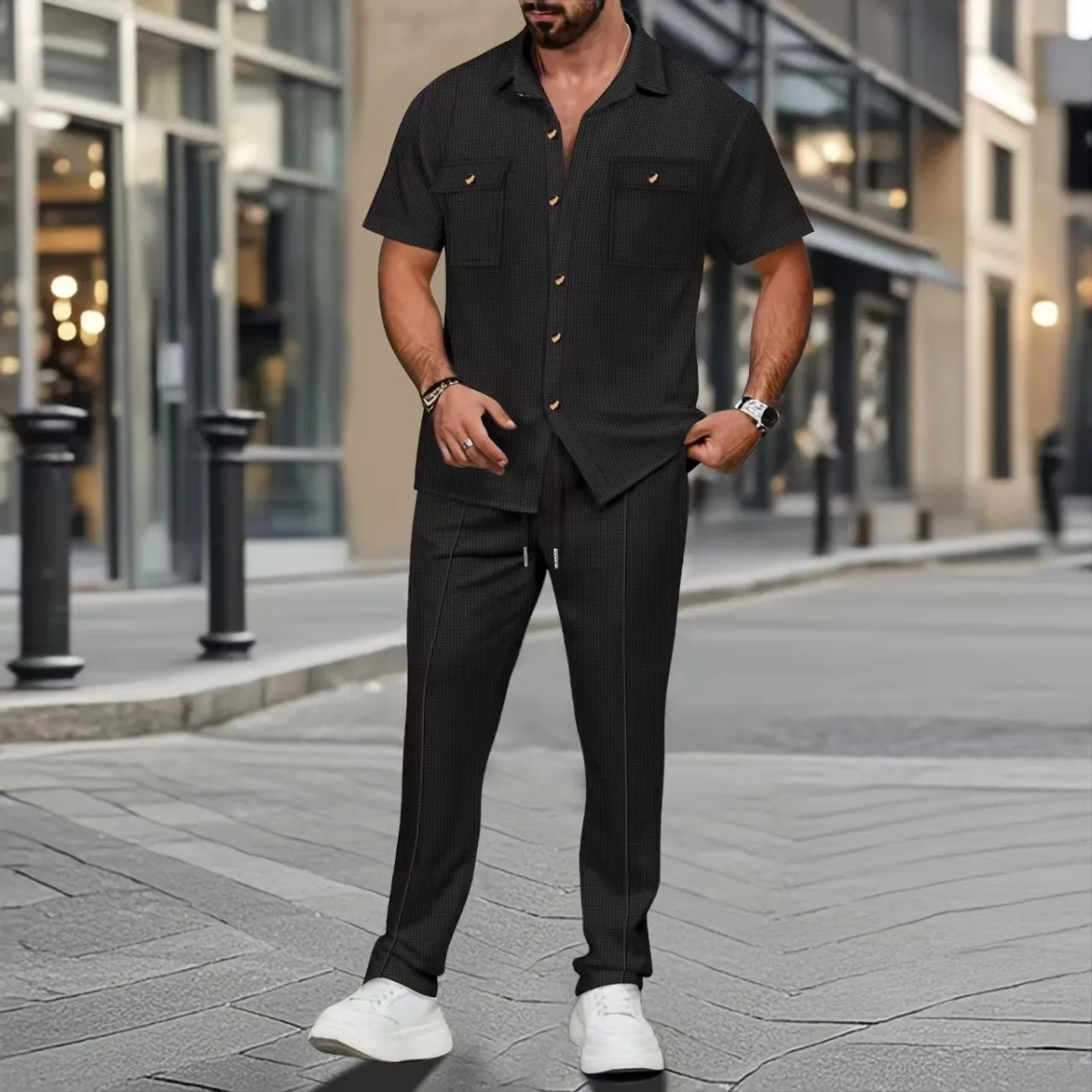 Marco | Men's Casual Linen Matching Set Cream Short Sleeve